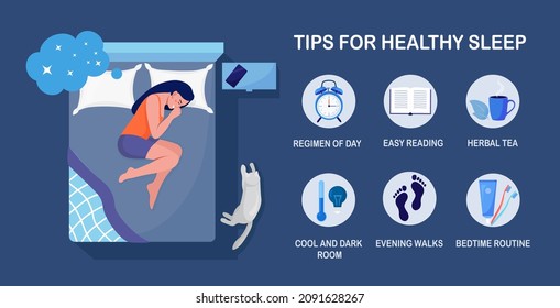 Useful tips and rules for healthy good sleep. Bedtime routine for peaceful dream, relax at night. List of advice to get rid of insomnia, sleeplessness. Woman sleeping in bed on pillow with book, cat