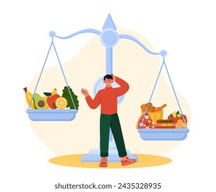 Useful and useless food. Man near weights with healthy eating and fast food. Comparsion of pizza, burger and vegetables. Cartoon flat vector illustration isolated on white background