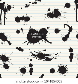 Useful vector seamless pattern with black ink stains, drops. Grunge texture, design elements. Paint spots of different size and shape on the background of notebook sheet for fashion, textile, web