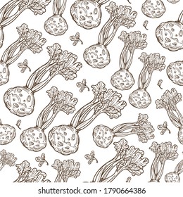 Useful vegetable root and foliage seamless pattern. Nutritious veggies full of vitamins and microelements. Dieting and detoxing, preparation of food. Monochrome sketch outline, vector in flat style