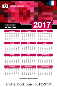 Useful wall calendar 2017 with design of red colors mosaic. Format A4 vertical. Size: 210mm x 297mm. French version
