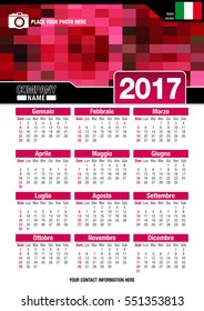 Useful wall calendar 2017 with design of red colors mosaic. Format A4 vertical. Size: 210mm x 297mm. Italian version