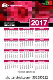 Useful wall calendar 2017 with design of red colors mosaic. Format A4 vertical. Size: 210mm x 297mm. Portuguese version