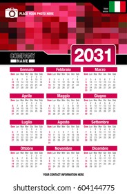 Useful wall calendar 2031 with design of red colors mosaic. Format A4 vertical. Size: 210mm x 297mm. Italian version - Vector image