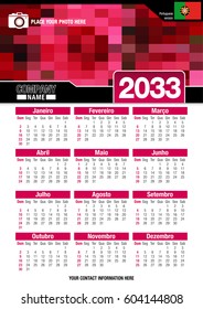Useful wall calendar 2033 with design of red colors mosaic. Format A4 vertical. Size: 210mm x 297mm. Portuguese version - Vector image