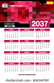 Useful wall calendar 2037 with design of red colors mosaic. Format A4 vertical. Size: 210mm x 297mm. Spanish version - Vector image