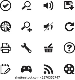 Iconos planos Web Útiles; marca de graduación, búsqueda, volumen, guardar, imprimir, sitio web, herramienta, juego, bloc de notas, wifi, vídeo, signo de interrogación
