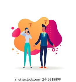 Useless employees failing in job. Confused office worker shrugging shoulders, question marks flat vector illustration. Personnel inefficiency concept for banner, website design or landing web page