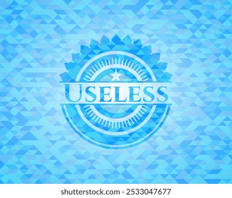 Useless light blue emblem with mosaic ecological style background. 