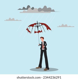 Useless or meaningless effort, disappointment, mistake or difficulty, trouble or struggle, mistake or bad decision concept, frustrated wet businessman with broken useless umbrella in the rain.