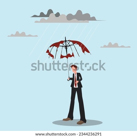 Useless or meaningless effort, disappointment, mistake or difficulty, trouble or struggle, mistake or bad decision concept, frustrated wet businessman with broken useless umbrella in the rain.
