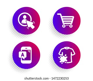 User, Ab testing and Market sale icons simple set. Halftone dots button. Dirty t-shirt sign. Project manager, Phone test, Customer buying. Laundry shirt. Business set. Classic flat user icon. Vector