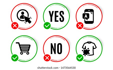 User, Ab testing and Market sale icons simple set. Yes no check box. Dirty t-shirt sign. Project manager, Phone test, Customer buying. Laundry shirt. Business set. User icon. Check mark. Vector