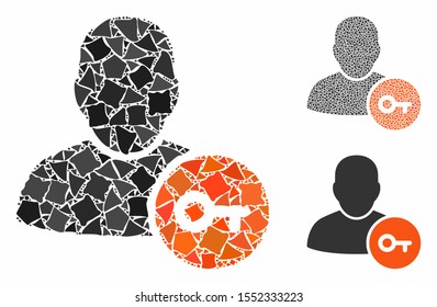 User access key composition of bumpy elements in variable sizes and color tints, based on user access key icon. Vector bumpy pieces are organized into composition.