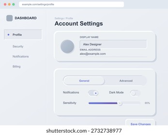 Um usuário acessa suas configurações de conta em um site usando um computador. A tela exibe detalhes do perfil, configurações de notificação e opções do modo escuro.