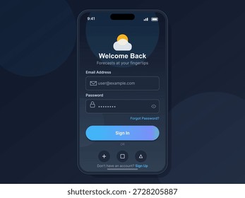 O usuário acessa o aplicativo meteorológico no dispositivo móvel, com campos para endereço de email e senha, além de uma opção de entrada e um link de inscrição para novos usuários.
