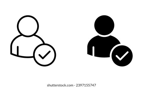 User account accepted symbol with tick, approved or applied person sign, validation verified pictogram, vector illustration on white background
