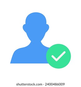 La cuenta de usuario acepta el símbolo con marca, la señal de persona aprobada o aplicada, el pictograma verificado de validación, la ilustración vectorial en el fondo blanco