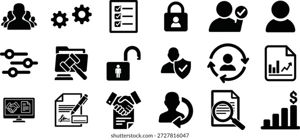 Conjunto de iconos de administración y Cuenta de usuarios: símbolos sólidos negros minimalistas para la seguridad de perfiles, CRM y administración del sistema: Perfil, administración, seguridad, administración y Inicio de sesión.