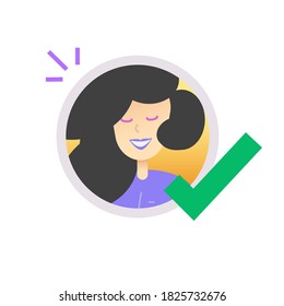 User account approved check mark icon vector, logging avatar with checkmark symbol, concept of validation select, confirmation choose, profile done tick, correct valid people choice, poll vote tick
