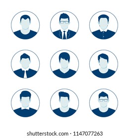 User account avatar. Blue men user icon set. Businessman portrait silhouete. Vector illustration