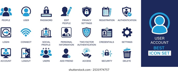 A melhor coleção de conjuntos de ícones sólidos da conta de usuário. Pessoas, usuário, senha, editar pessoas, configurações de privacidade, acesso e ilustração vetorial.