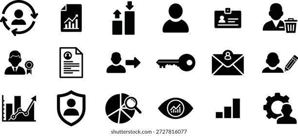 User Account and Business Data Analytics Icon Set + Minimalist black solid symbols for profile management, CRM, and financial data visualization + User, Profile, Analytics, Management, Dashboard, Growth, Interface.