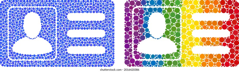 User account card collage icon of round dots in various sizes and rainbow colored color hues. A dotted LGBT-colored user account card for lesbians, gays, bisexuals, and transgenders.