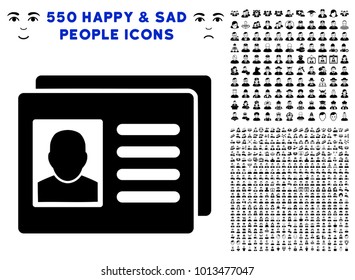 User Account Cards pictograph with 550 bonus pitiful and glad people pictograms. Vector illustration style is flat black iconic symbols.