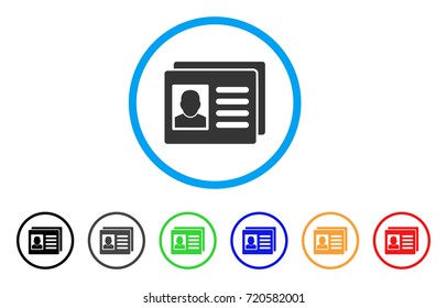 User Account Cards rounded icon. Style is a flat user account cards grey symbol inside light blue circle with black, gray, green, blue, red, orange variants.