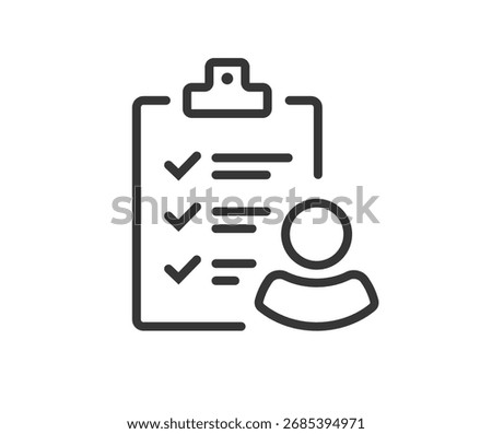 User account check list icon, line stroke outline person man with checklist tick document form graphic illustration simple thin linear design, personal exam test report assessment, customer management