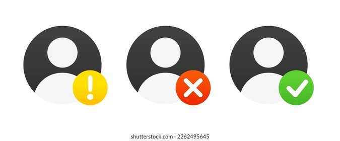 User account confirmation approved and disapproved. Human silhouette avatar with checkmark and cross flat icon set. Vector illustration