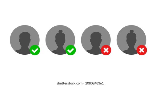User account confirmation approved and disaproved. Human silhouette avatar with checkmark and cross flat icon set.