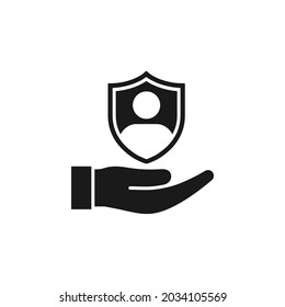 User, account, customer protection icon. Man with shield on hand flat style isolated on white background. Vector illustration