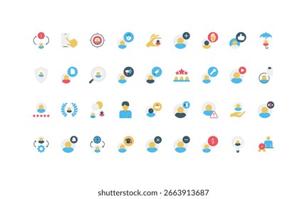 O conjunto de ícones planos da conta do usuário inclui perfil, segurança, configurações, notificações, classificação e conceitos de gerenciamento na ilustração vetorial isolada de estilo mínimo moderno