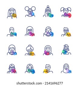 User account fun geometric color icons set. Hair, gender and age diversity. Pixel perfect, editable stroke icons 