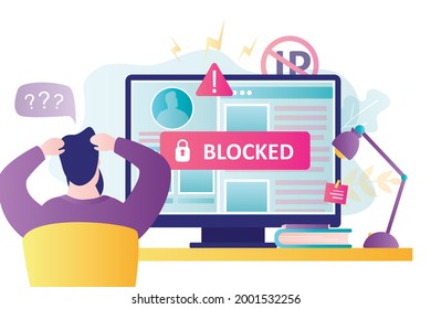 User account was hacked and personal data stolen. Concept of cyber attack and online fraud. Frustrated person reacts to hacked account. Hacker brought malware into computer. Flat vector illustration