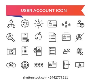 Benutzerkonto-Symbolsammlung. Profil, Passwort, Anmeldename, Benutzername, Avatar, Verbinden, Freund hinzufügen und mehr. Linienvektorsymbole festgelegt.