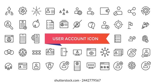 User account icon collection. profile, password, login, username, avatar, connect, add friend and more. Line vector icons set.