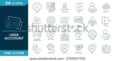 User account icon set. User, authentication, password, account, profile, login, security, settings, biometrics, registration, credentials and more. Line vector icons collection.