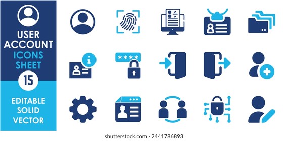 User account icon set. Containing profile, password, login, username, avatar and so on. Flat icons set related user accounting.