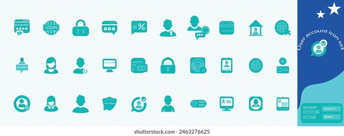 User account icon set. Containing profile, password, login, username, avatar, connect, add friend and more. Solid vector icons collection