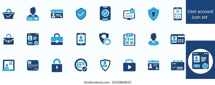 User account icon set. Containing profile, password, login, username, avatar, connect, add friend and more. Solid vector icons collection