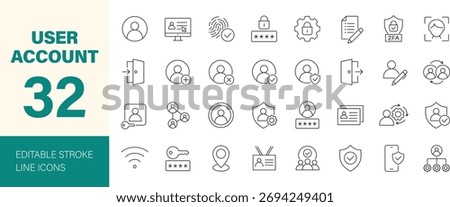 User Account icon set. Containing personal profile, password, login, username, access, avatar, connect, privacy, add friend and more. Editable line icons. Vector illustration.