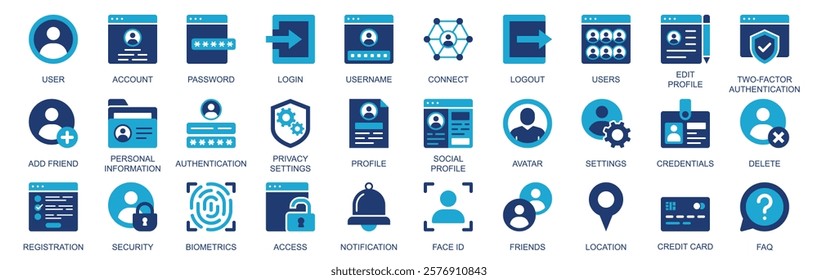 User account icon set in flat duotone solid icons web design. Pack pictograms with password, login, username, connect, edit, profile, two factor authentication, add friend, other. Vector illustration.