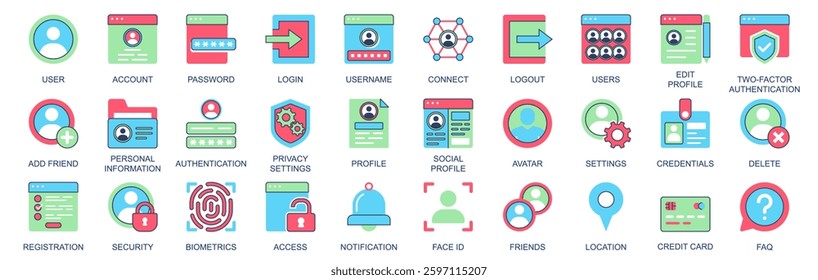 User account icon set in flat color icons web design. Pack pictograms with password, login, logout, two factor authentication, add friend, personal, information, settings, other. Vector illustration.