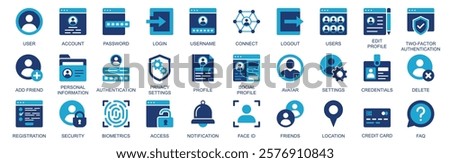 User account icon set in flat duotone solid icons web design. Pack pictograms with password, login, username, connect, edit, profile, two factor authentication, add friend, other. Vector illustration.