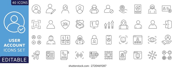 Conjunto de iconos de Cuenta de usuario. Inicio de sesión, avatar, conectar, Contraseña, Conteniendo perfil, Nombre de usuario, agregar amigo y más. Totalmente Editable. Ilustración vectorial.