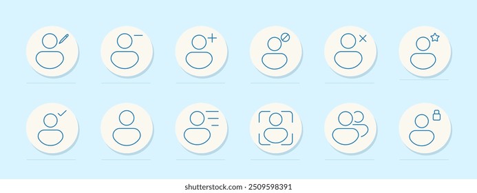Conjunto de iconos de Cuenta de usuario. Símbolos de Perfil, adición, eliminación, edición y Configuraciones para redes sociales, Identificación y temas de administración personal