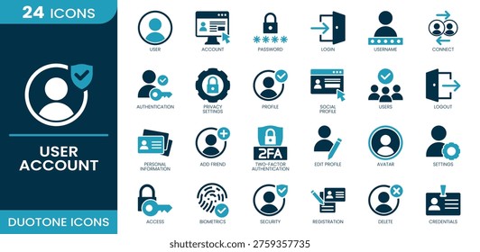 User account icon set. Registration, profile, security, user, credentials, authentication, login, biometrics, account, settings, password and more. Duotone vector icons collection.